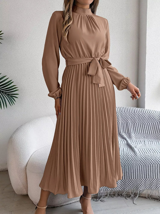 Mock Neck Pleated Midi Dress with Tie Detail