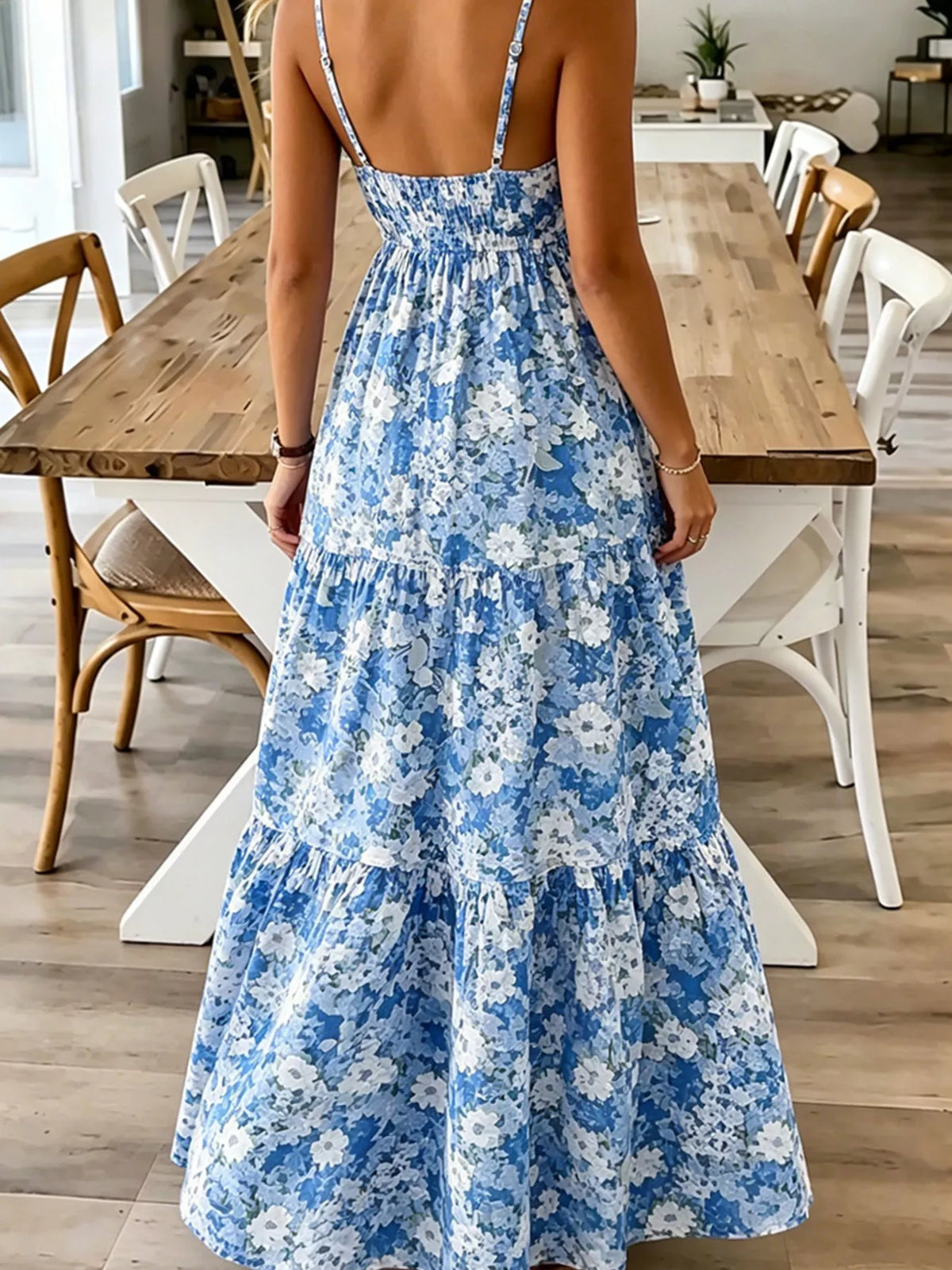 Floral Tiered Ruched Maxi Dress with Spaghetti Straps