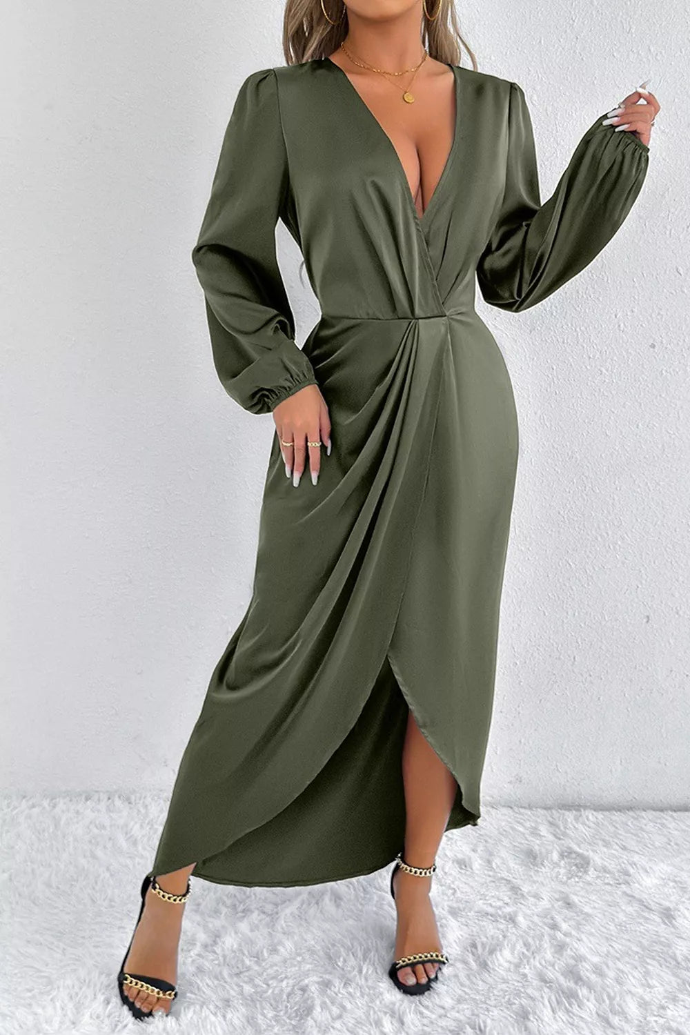 Satin Balloon Sleeve Midi Dress with Slit – photo 3