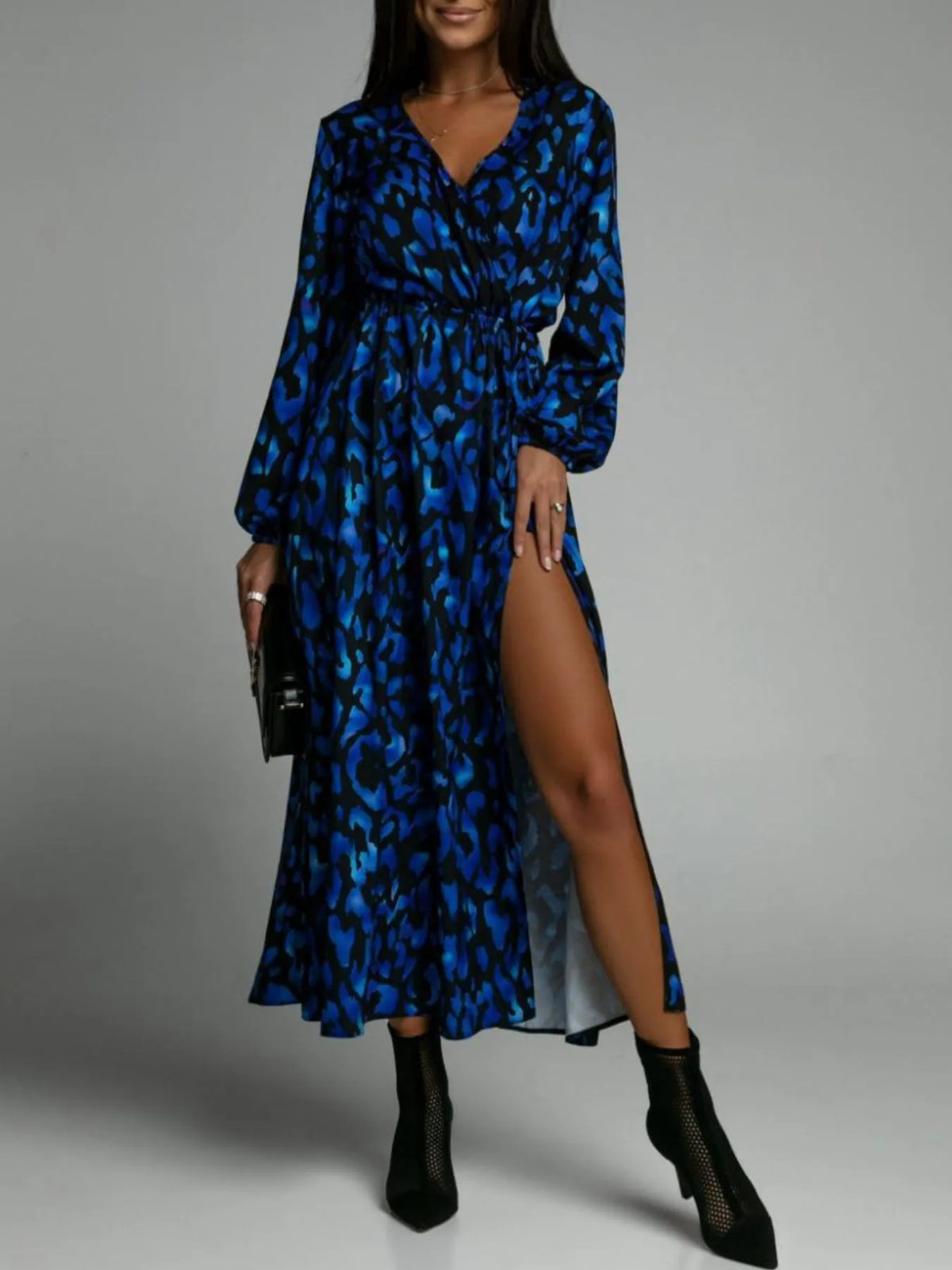 Printed Surplice Long Sleeve Midi Dress with Slit and Tie – photo 4