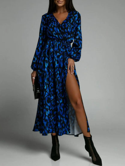 Printed Surplice Long Sleeve Midi Dress with Slit and Tie – photo 4