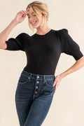 Trendy Ribbed Bodysuit with Puffed Half Sleeves in Black — Livostyle