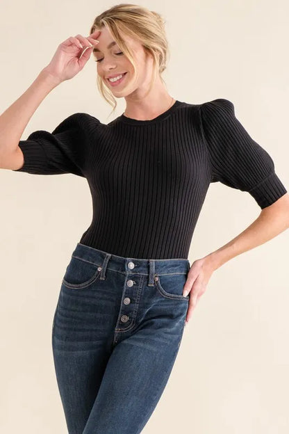 Trendy Ribbed Bodysuit with Puffed Half Sleeves in Black — Livostyle