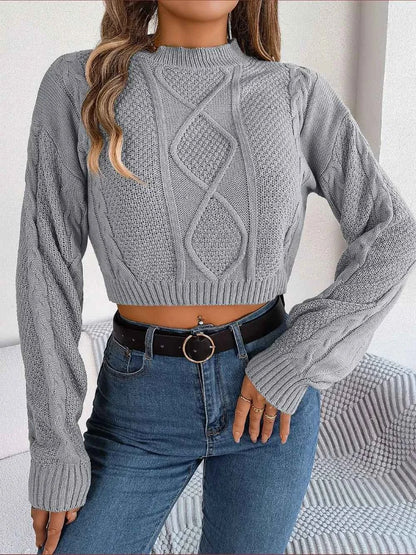 Cable-Knit Round Neck Cropped Sweater — Livostyle