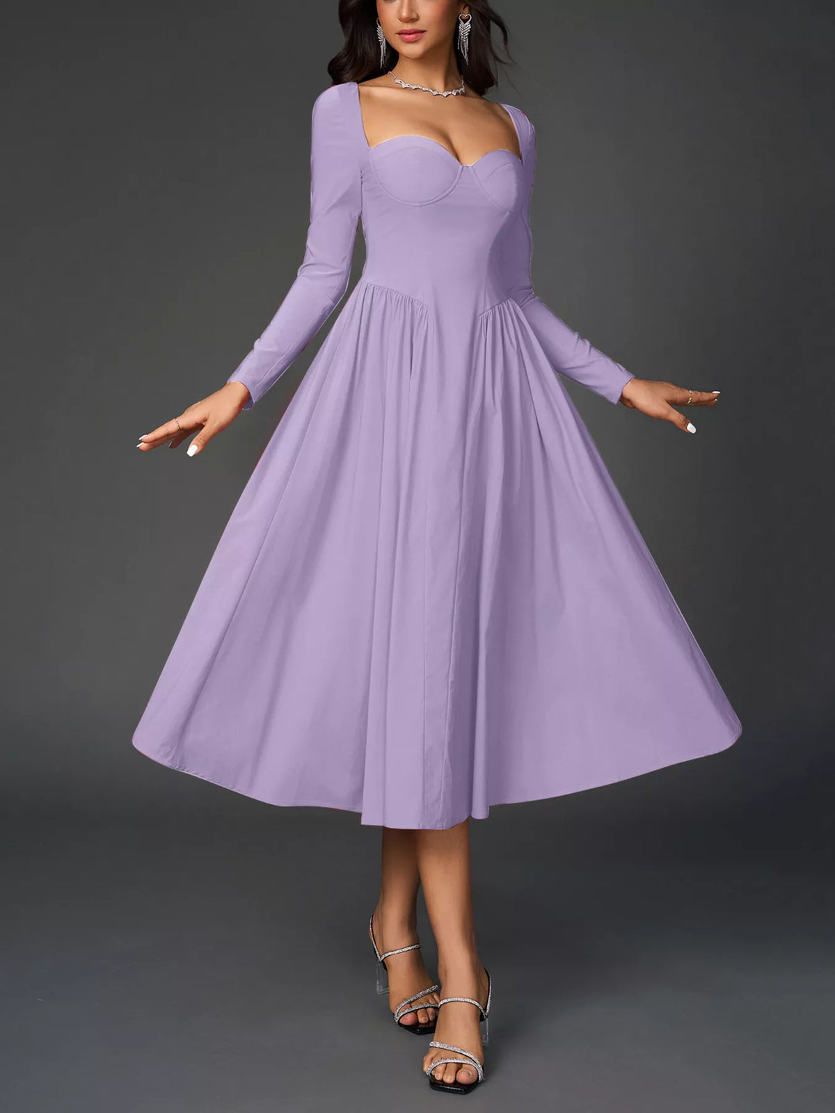 Sweetheart Neckline Long Sleeve A-Line Midi Dress – photo 16