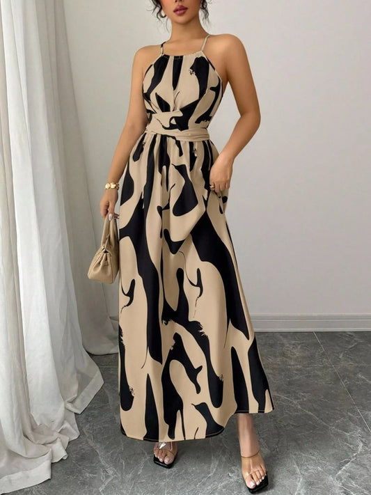 Abstract Print Halter Neck Maxi Dress in Khaki