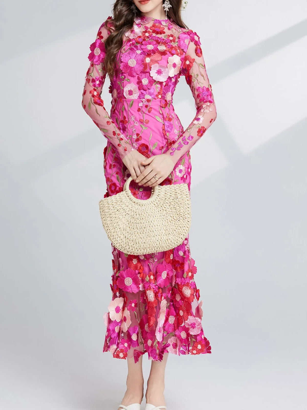 Floral Embroidered Mesh Long Sleeve Tiered Midi Dress – photo 11