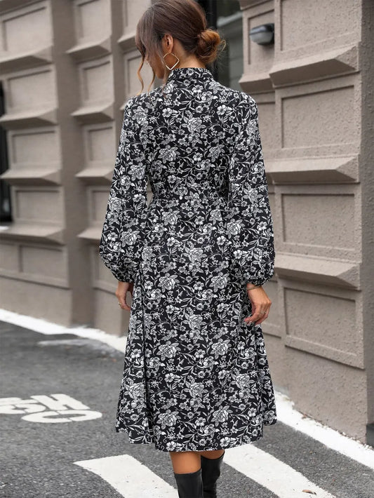Lace Detail Printed Long Sleeve Tie Midi Dress