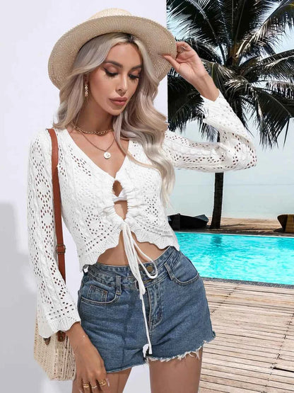 Openwork Drawstring V-Neck Long Sleeve Cover-Up — Livostyle