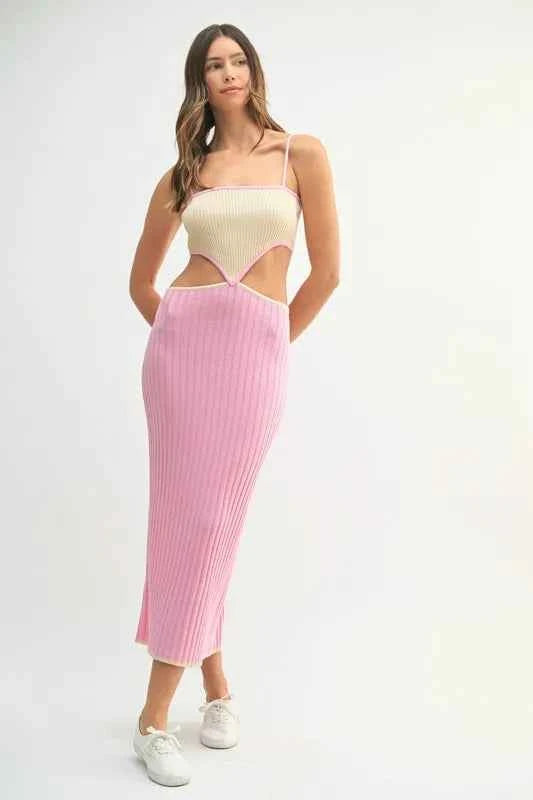 MABLE Ribbed Knit Color Block Cutout Midi Dress