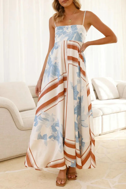 Printed Square Neck Cami Maxi Dress with Slit and Tie in Brown Stripes