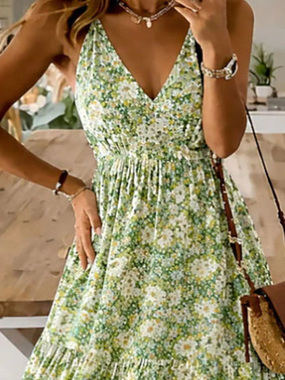 Floral Tiered Ruched Maxi Dress with Spaghetti Straps in Yellow-Green
