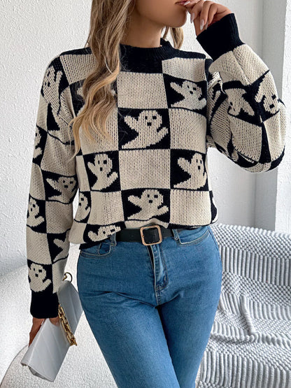 Halloween Ghost Pattern Checkered Round Neck Sweater styling — Livostyle