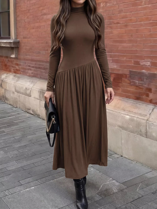 Mock Neck Ruched Long Sleeve Midi Dress in Brown