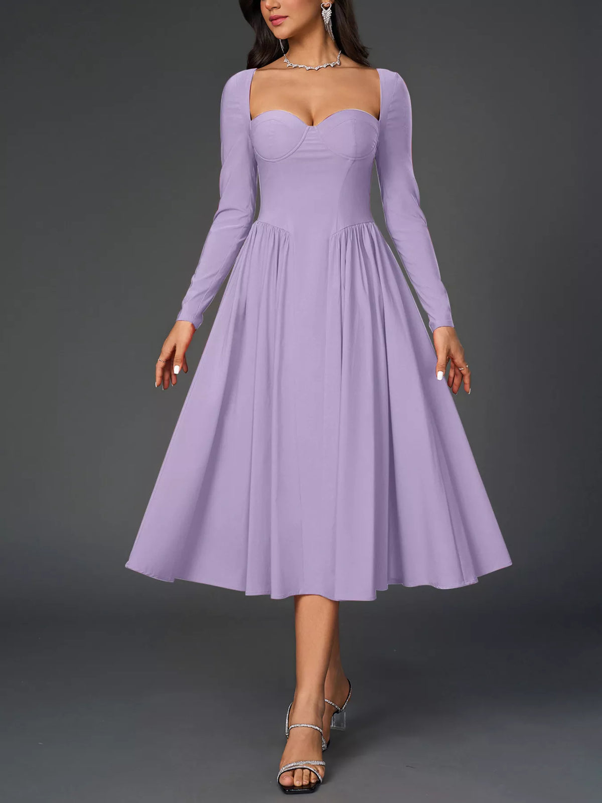 Sweetheart Neckline Long Sleeve A-Line Midi Dress in Lilac Purple