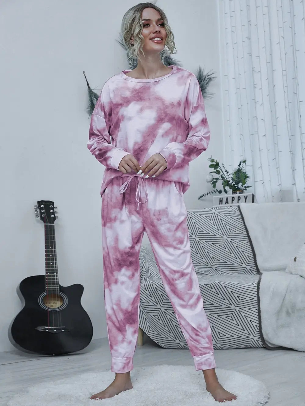 Shiny Tie-dye Round Neck Top and Drawstring Pants Lounge Set — Livostyle