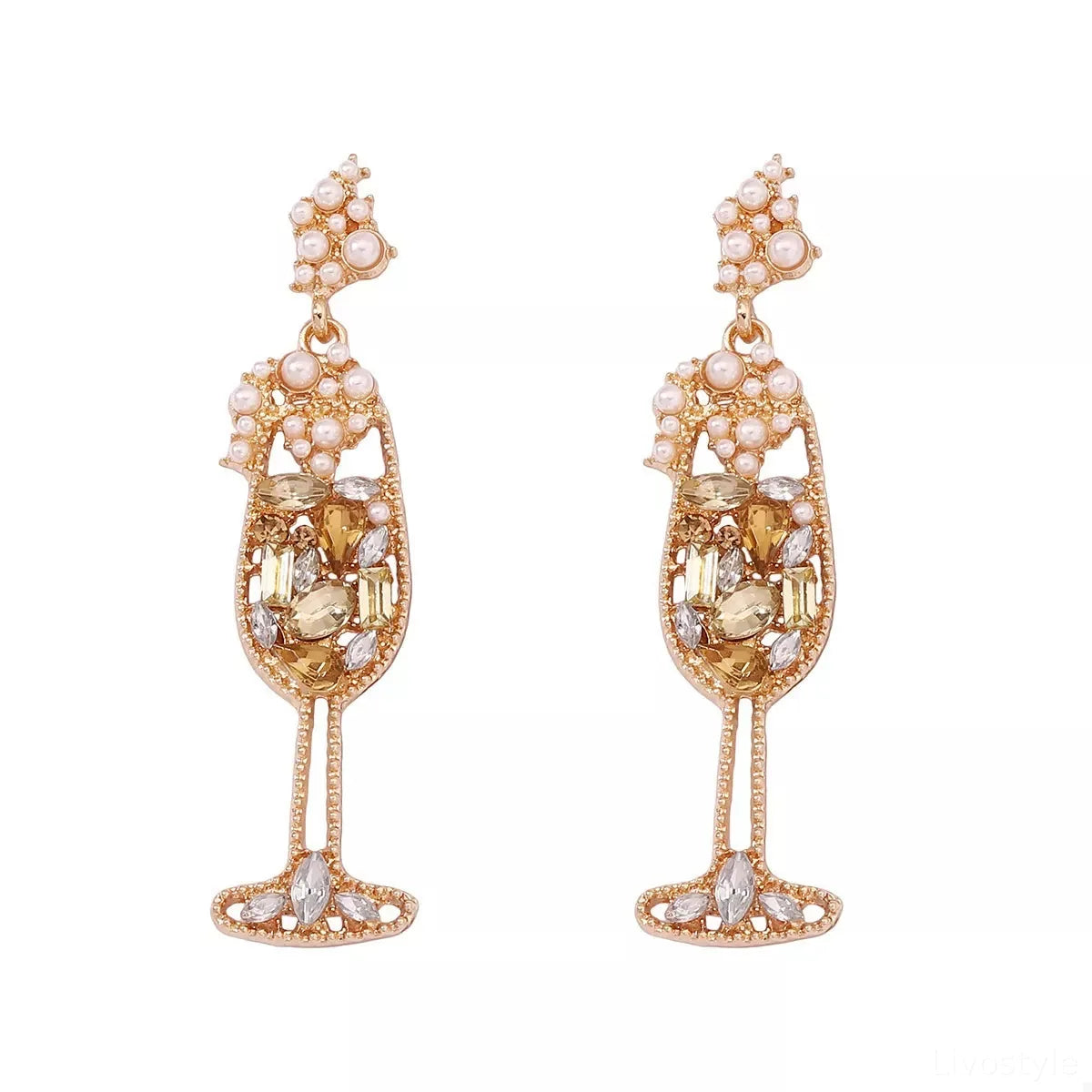 Champagne Glass Rhinestone Dangle Earrings — square view — Livostyle