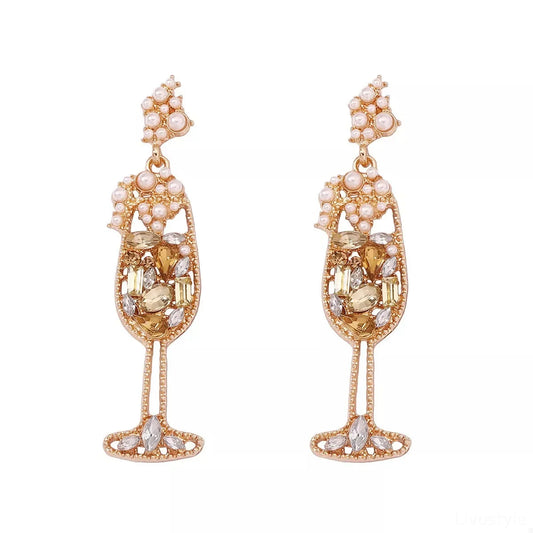 Champagne Glass Rhinestone Dangle Earrings — square view — Livostyle