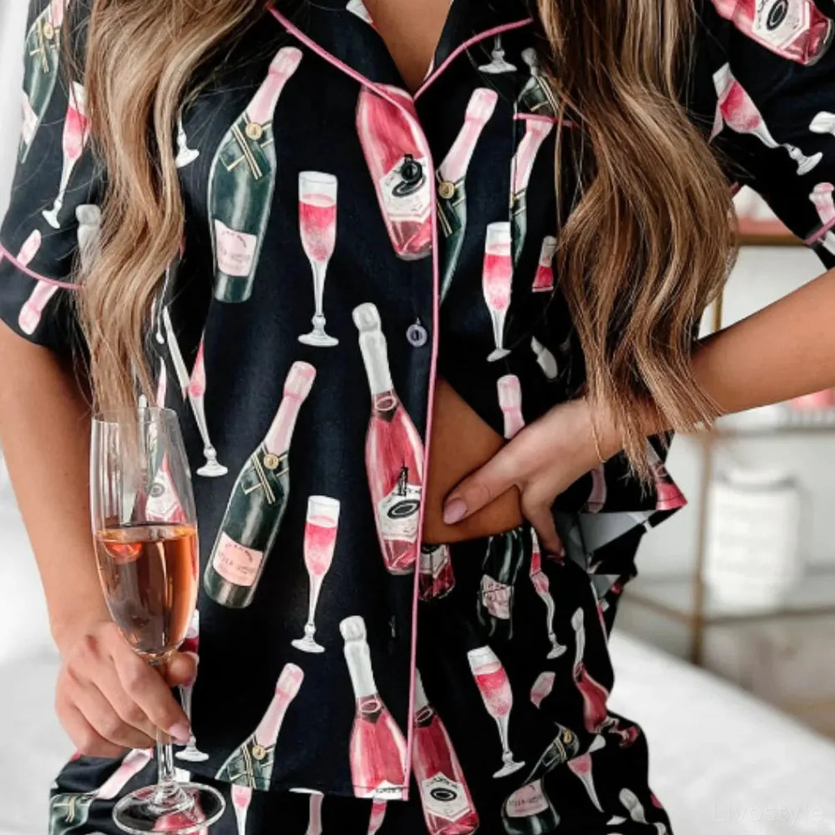 Champagne Print Short Sleeve Top and Shorts Set – full product view