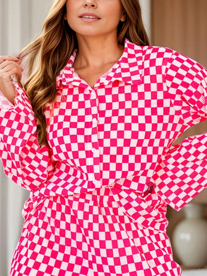 Checkered Button Up Top and Pants Lounge Set — detail view — Livostyle