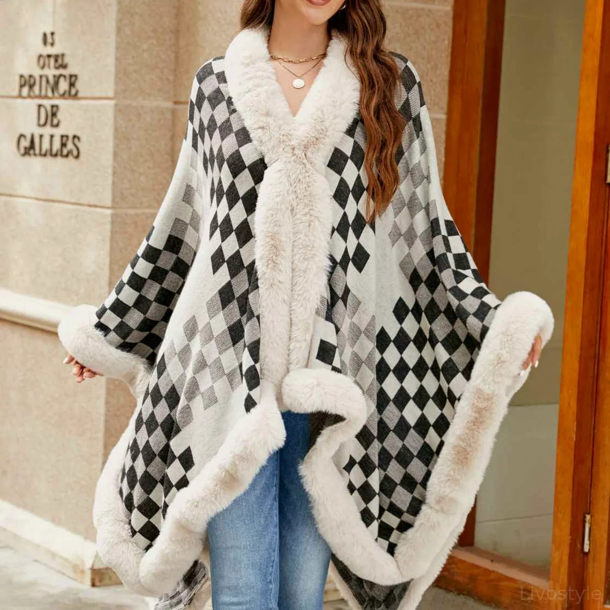 Checkered Faux Fur Trim Poncho — square view — Livostyle