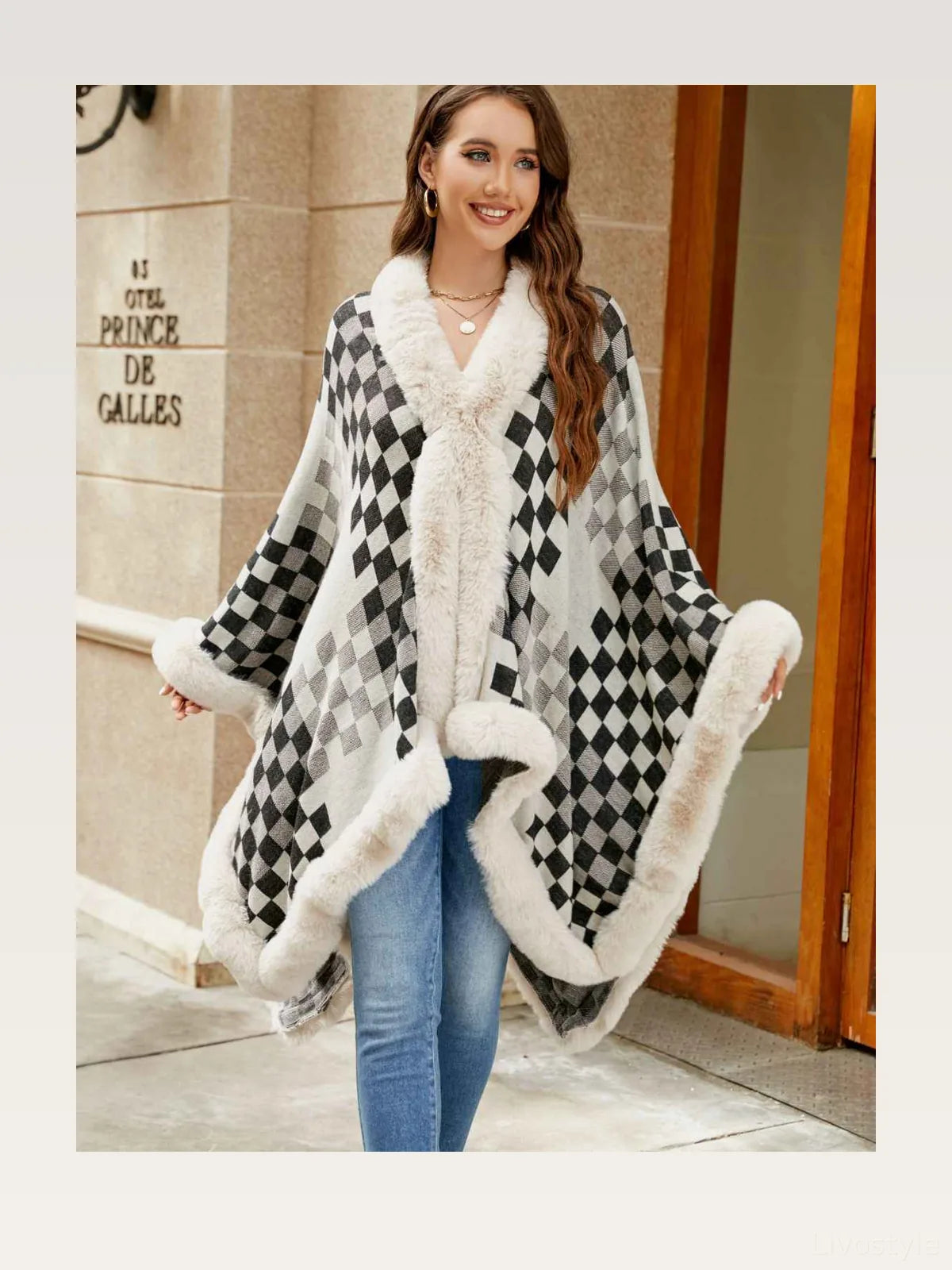 Checkered Faux Fur Trim Poncho — styled showcase — Livostyle