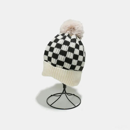 Checkered Knit Hat with Pompom — square view — Livostyle