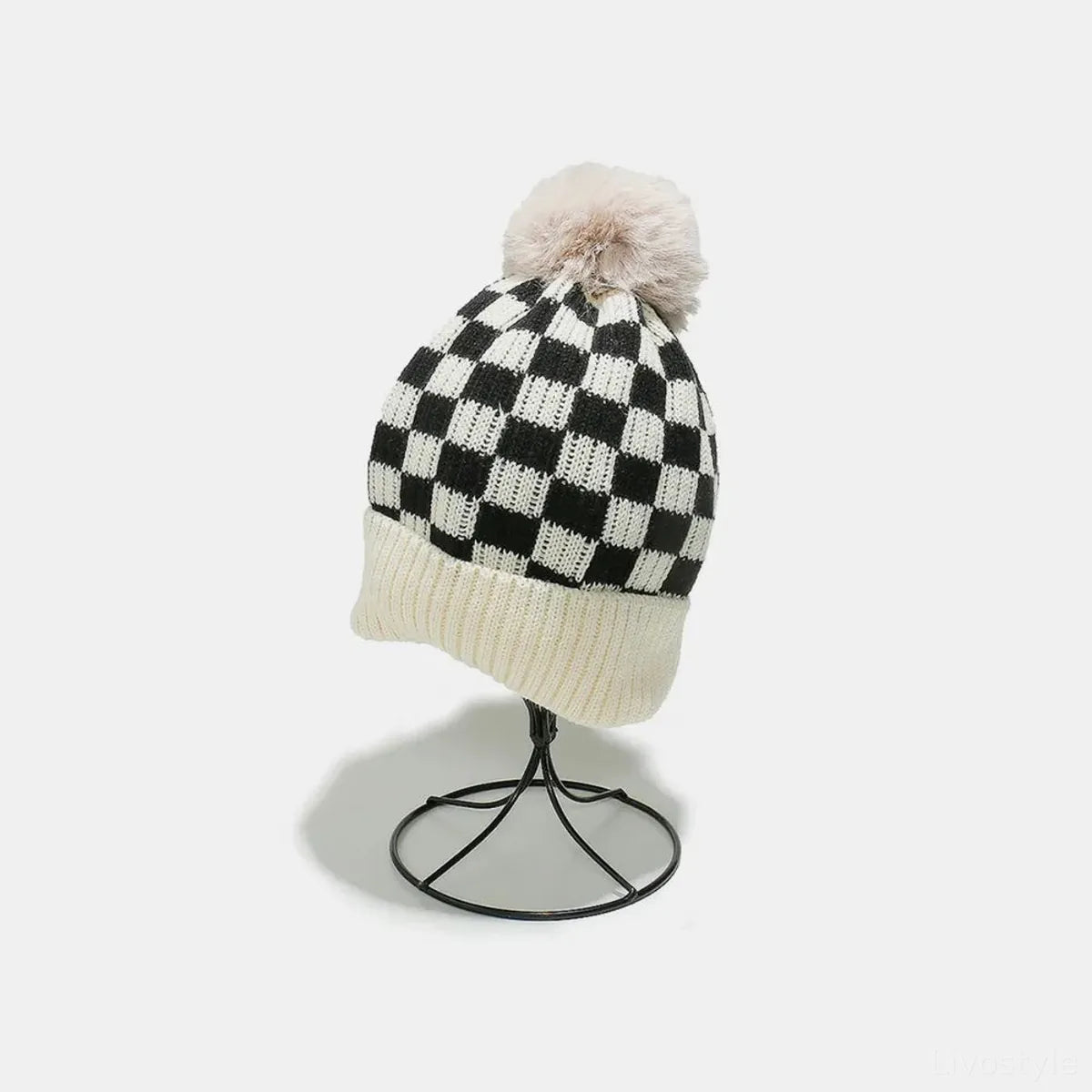 Checkered Knit Hat with Pompom — square view — Livostyle