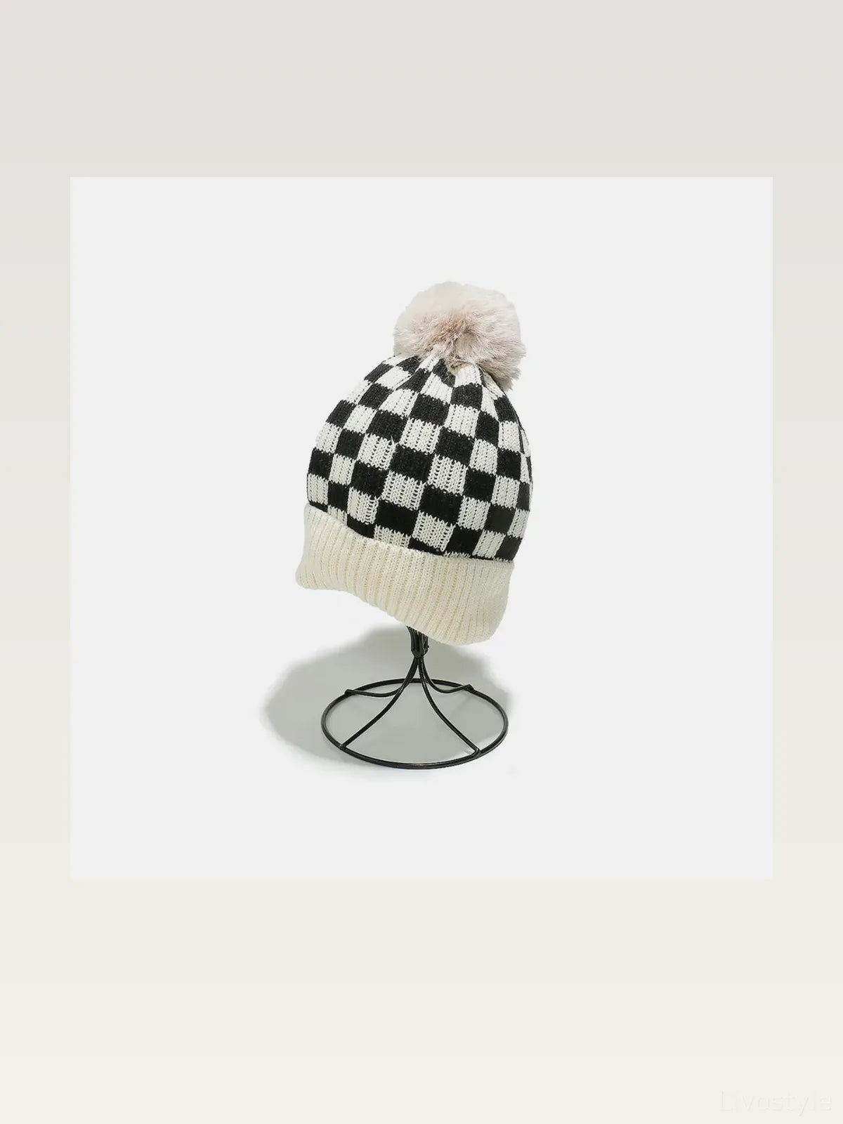 Checkered Knit Hat with Pompom — styled showcase — Livostyle