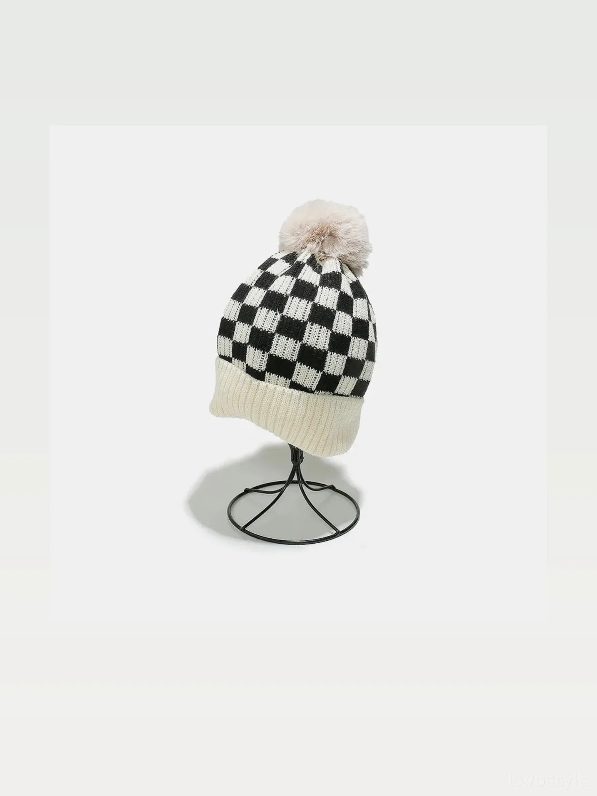 Checkered Knit Hat with Pompom — styled showcase — Livostyle