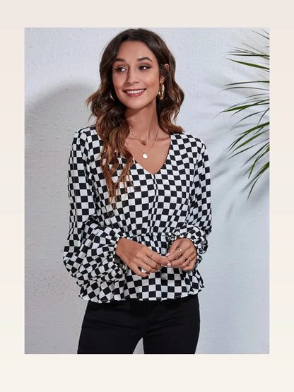 Stylish Checkered Peplum Blouse with Balloon Sleeves & V-Nec — styled showcase — Livostyle