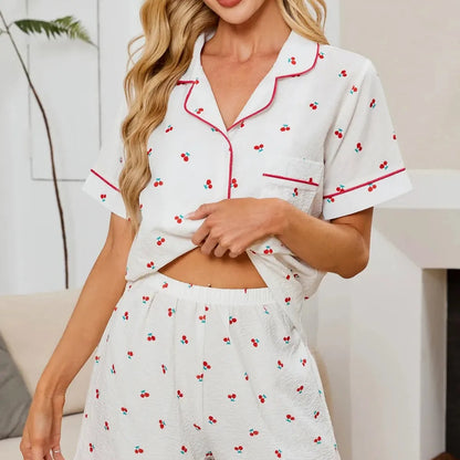 Cheery Print Collared Neck Top and Shorts Lounge Set — square view — Livostyle
