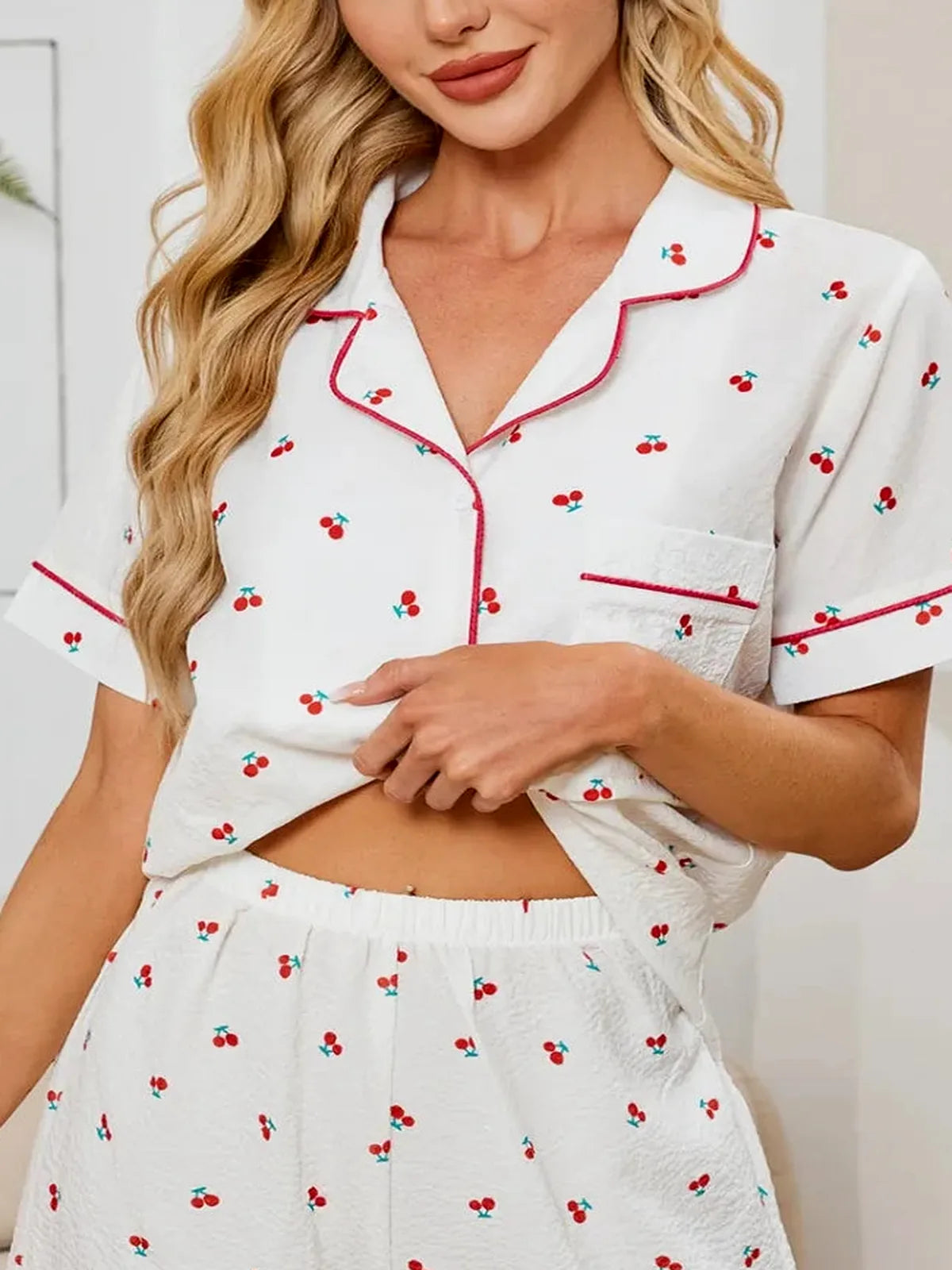Cheery Print Collared Neck Top and Shorts Lounge Set — detail view — Livostyle