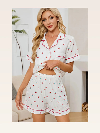 Cheery Print Collared Neck Top and Shorts Lounge Set — styled showcase — Livostyle