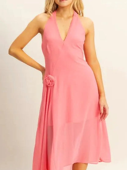 Elegant Chiffon Halter Dress with Asymmetrical Hem — detail view — Livostyle