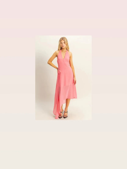 Elegant Chiffon Halter Dress with Asymmetrical Hem — styled showcase — Livostyle