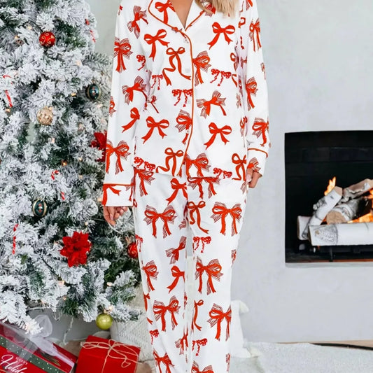 Christmas Bow Print Top and Pants 2pcs Pajama Set — square view — Livostyle