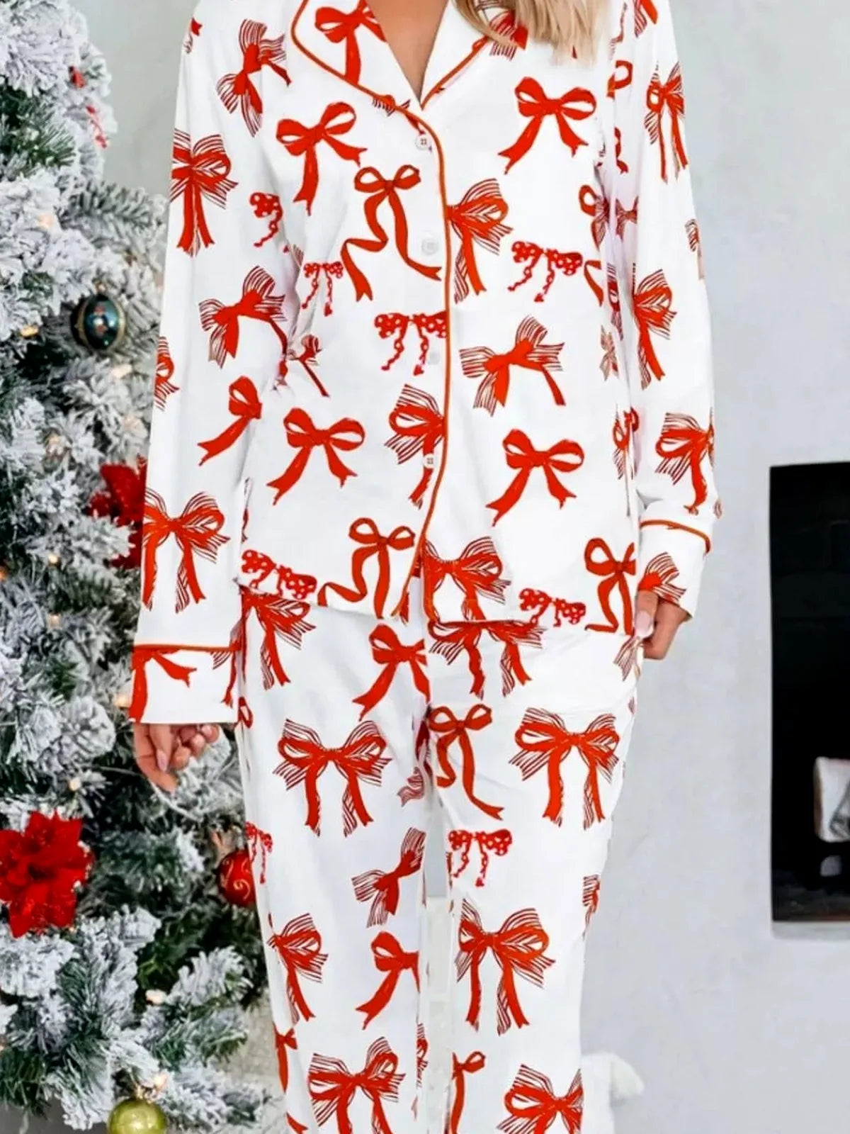 Christmas Bow Print Top and Pants 2pcs Pajama Set — detail view — Livostyle