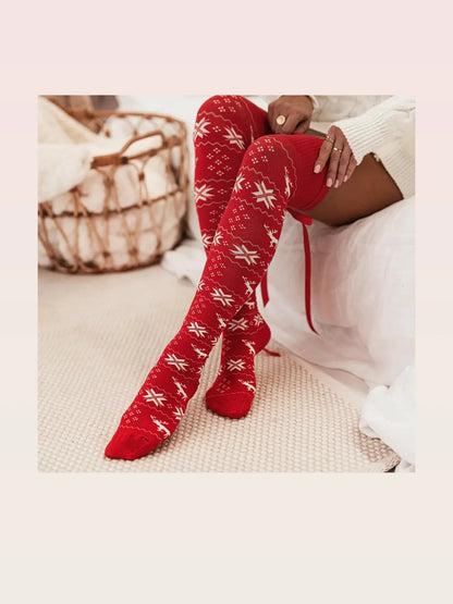Christmas Element Bowknot Ribbed Trim Over Knee Stockings — styled showcase — Livostyle