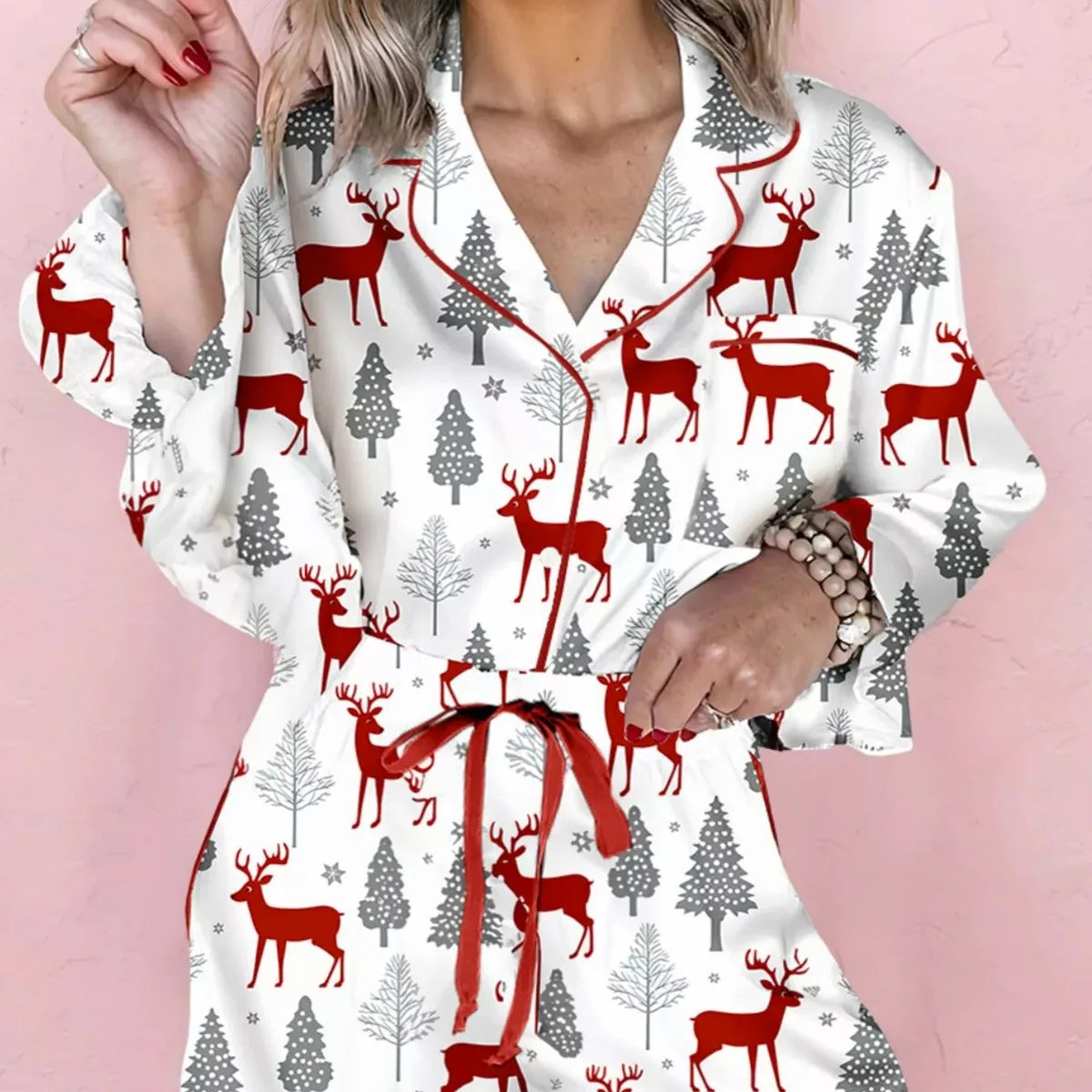 Christmas Fashion Print Velvet Trim Top and Shorts Pajama 2p — square view — Livostyle