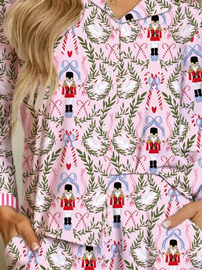 Christmas Holiday Print Nutcracker Long Sleeve Shorts 2pcs P — detail view — Livostyle