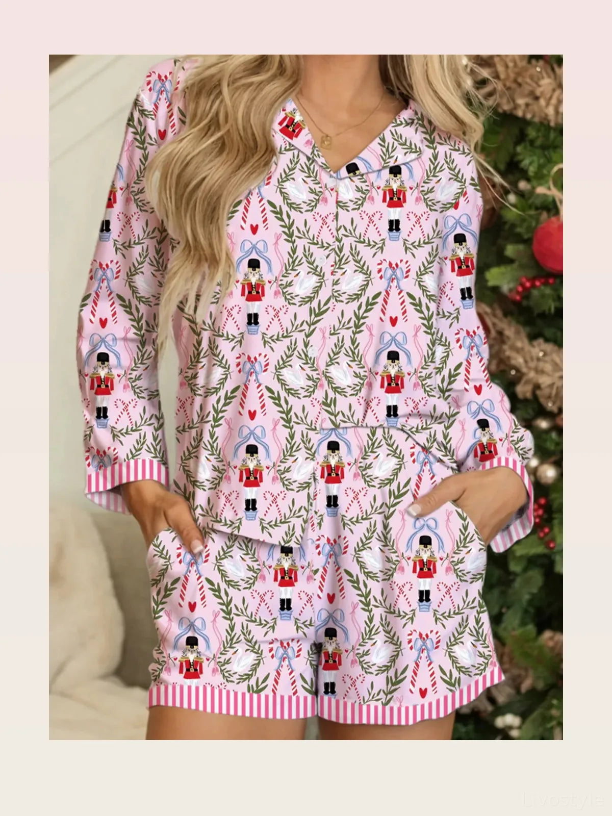 Christmas Holiday Print Nutcracker Long Sleeve Shorts 2pcs P — styled showcase — Livostyle