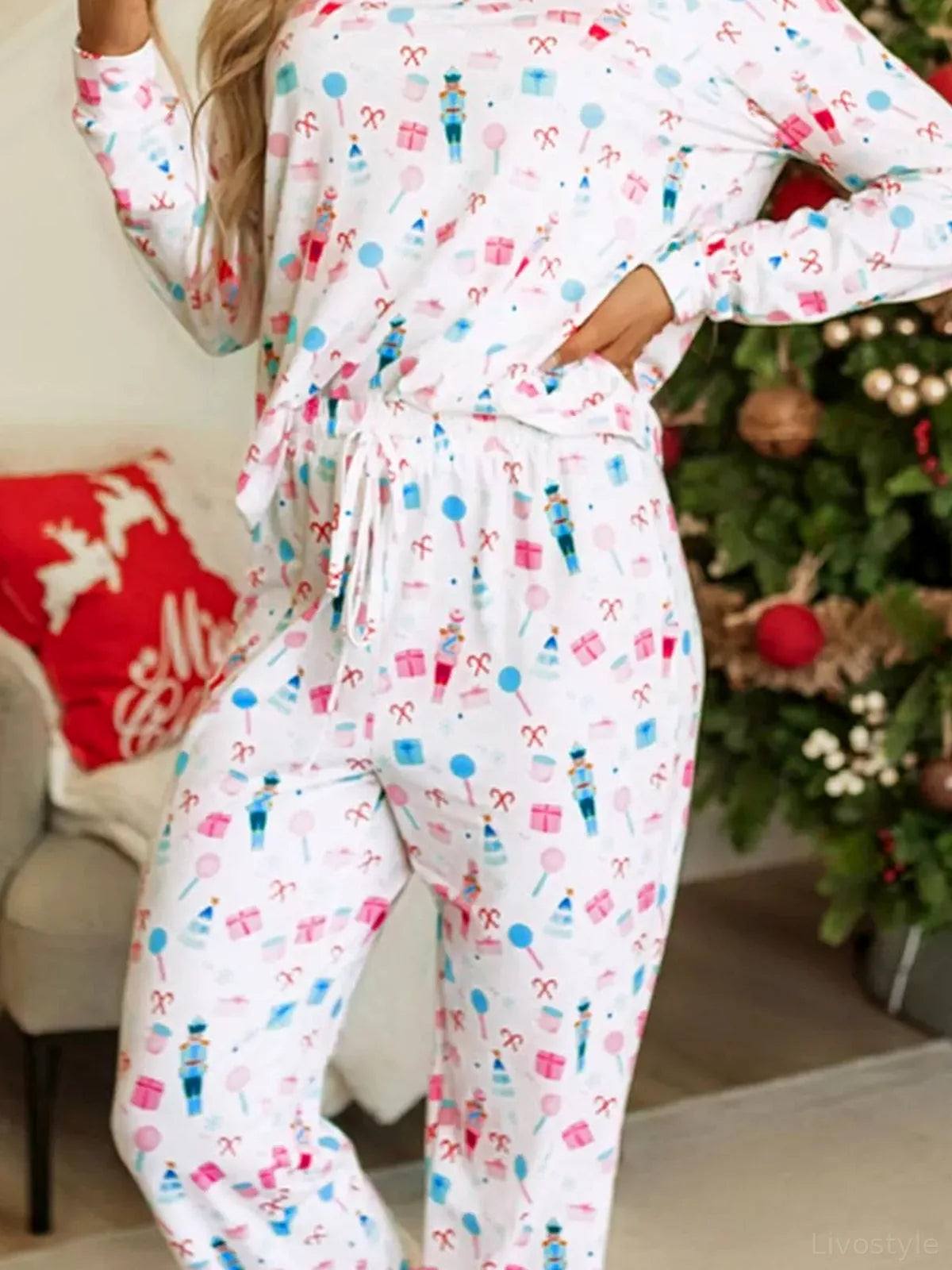 Christmas Pattern Long Sleeve Top and Wide Leg Pants Set — detail view — Livostyle