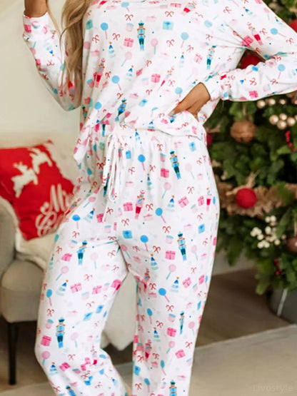 Christmas Pattern Long Sleeve Top and Wide Leg Pants Set — detail view — Livostyle