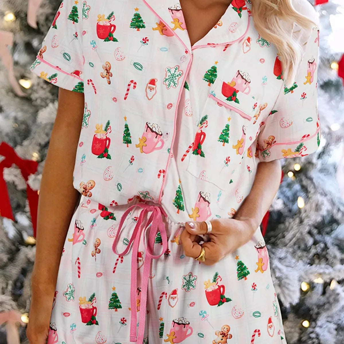 Christmas Print Button Up Top and Shorts Lounge Set — square view — Livostyle