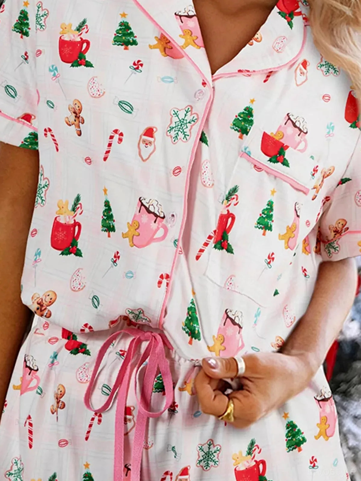 Christmas Print Button Up Top and Shorts Lounge Set — detail view — Livostyle