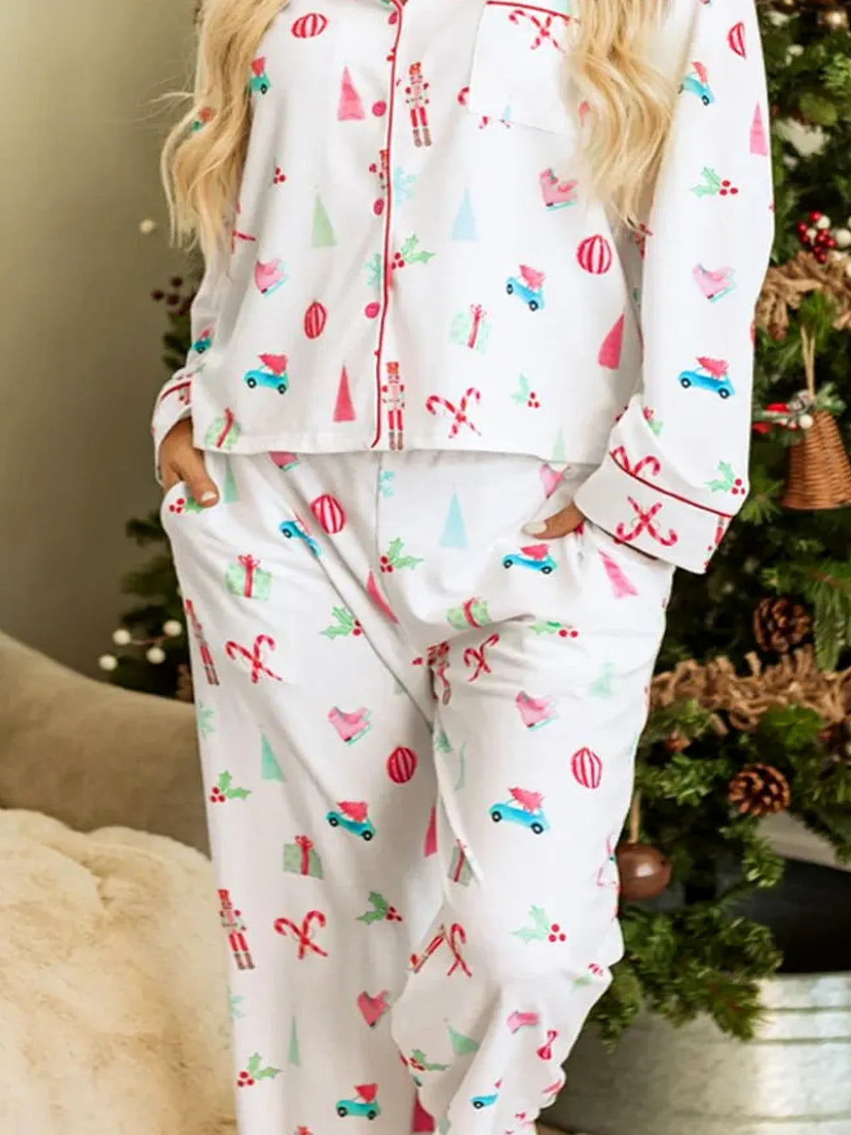 Christmas Printed Collared Neck Top and Pants Lounge Set — detail view — Livostyle