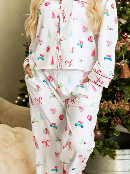 Christmas Printed Collared Neck Top and Pants Lounge Set — detail view — Livostyle