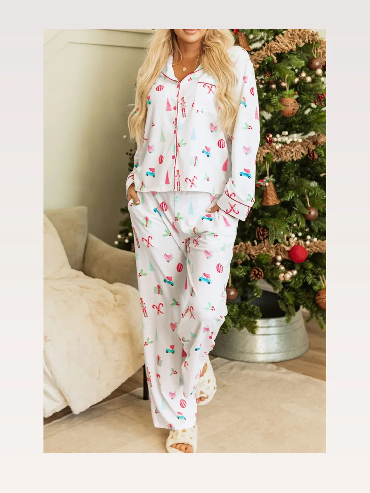 Christmas Printed Collared Neck Top and Pants Lounge Set — styled showcase — Livostyle
