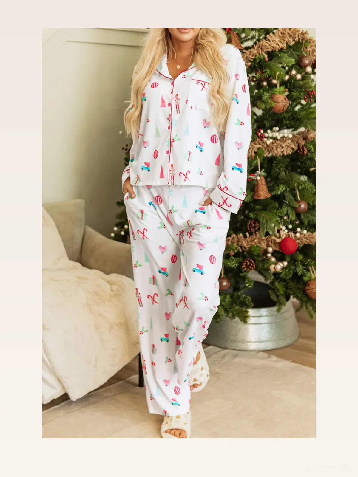 Christmas Printed Collared Neck Top and Pants Lounge Set — styled showcase — Livostyle